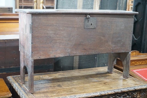 A 17th century oak six plank coffer, length 97cm, depth 34cm, height 61cm